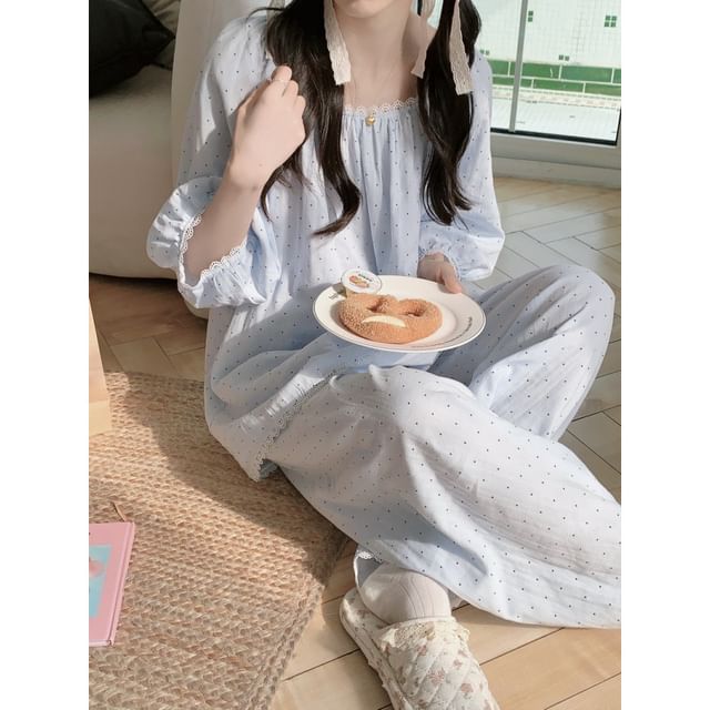 Dotted Lace Trim Pajama Set and Dress