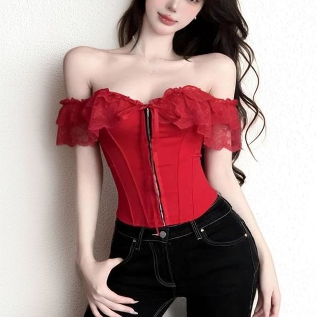 Off-Shoulder Lace Panel Hook Eye Crop Corset