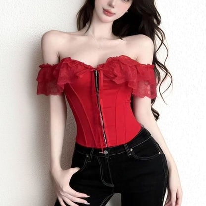 Off-Shoulder Lace Panel Hook Eye Crop Corset