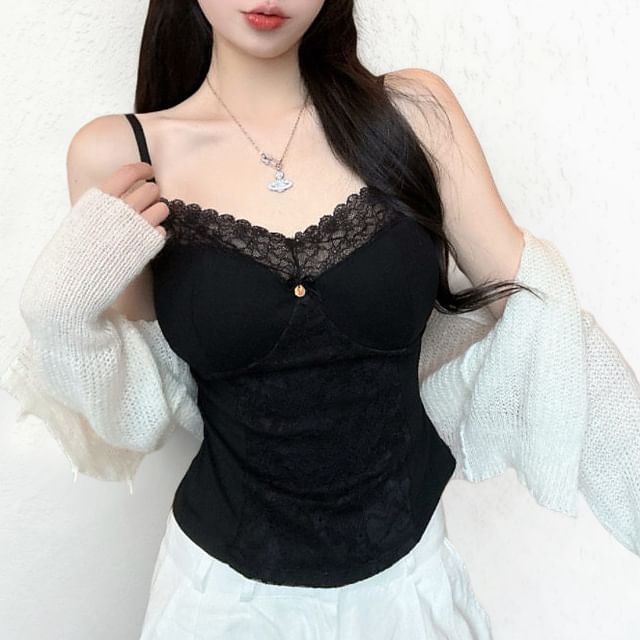 V-Neck Lace Panel Padded Crop Camisole