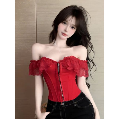 Off-Shoulder Lace Panel Hook Eye Crop Corset
