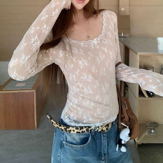 Long Sleeve Scoop Neck Lace Slim Blouse
