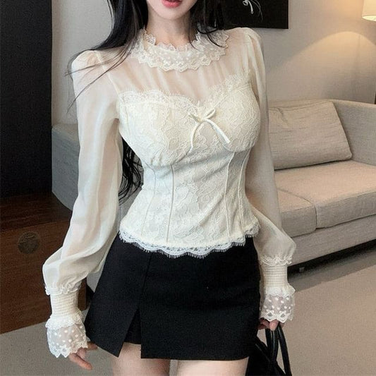 Long Sleeve Crewneck Lace Flowy Blouse