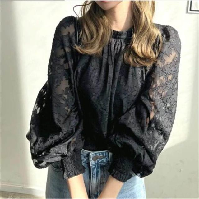Puff Sleeve Crewneck Lace Blouse