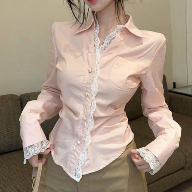 Long Sleeve Lace Trim Plain Crop Shirt