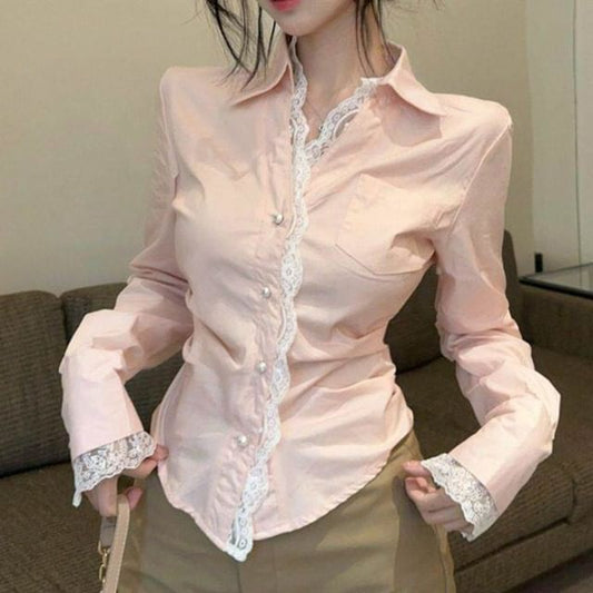 Long Sleeve Lace Trim Plain Crop Shirt