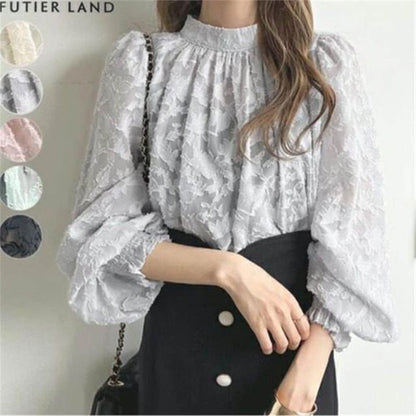 Puff Sleeve Crewneck Lace Blouse