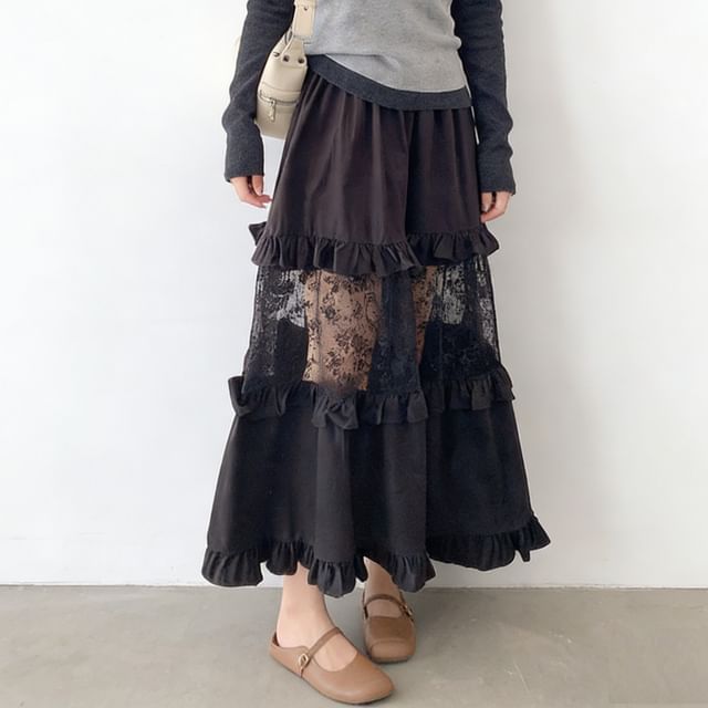 Elastic Waist Lace Panel Ruffle Maxi Skirt