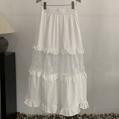 Elastic Waist Lace Panel Ruffle Maxi Skirt