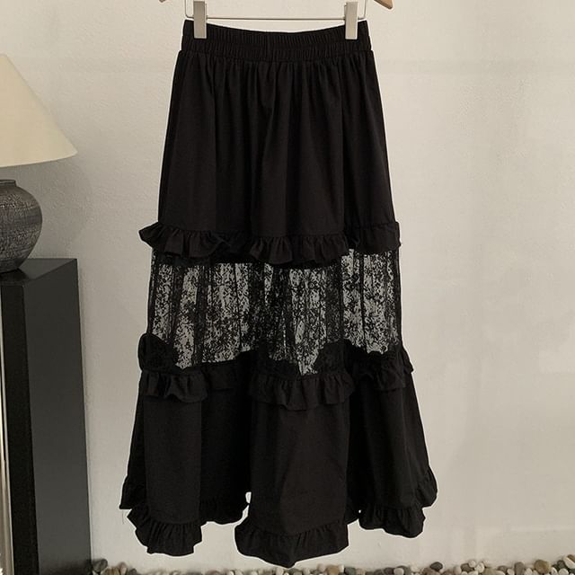 Elastic Waist Lace Panel Ruffle Maxi Skirt