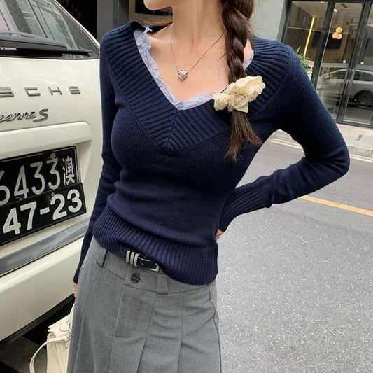 V-Neck Lace Trim Sweater