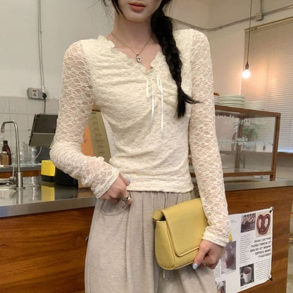 V-Neck Plain Lace T-Shirt