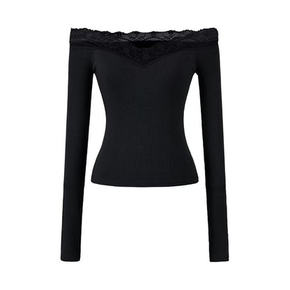 Fitted Crop Tee with Lace Shoulder Panels