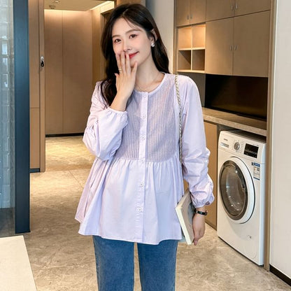 Maternity Long Sleeve Round Neck Solid Panel Peplum Blouse