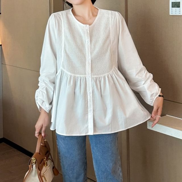 Maternity Long Sleeve Round Neck Solid Panel Peplum Blouse