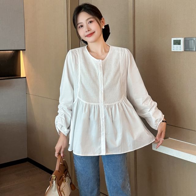 Maternity Long Sleeve Round Neck Solid Panel Peplum Blouse