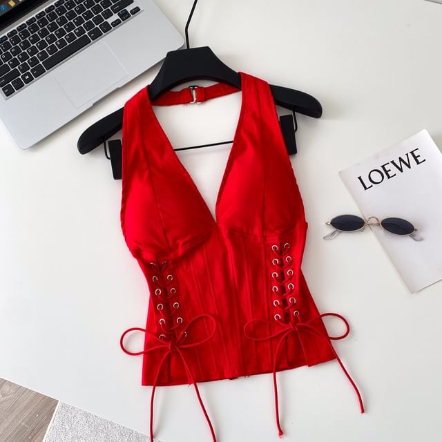 Halter V-Neck Lace-Up Camisole Top