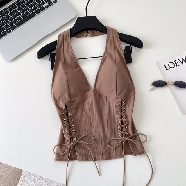 Halter V-Neck Lace-Up Camisole Top