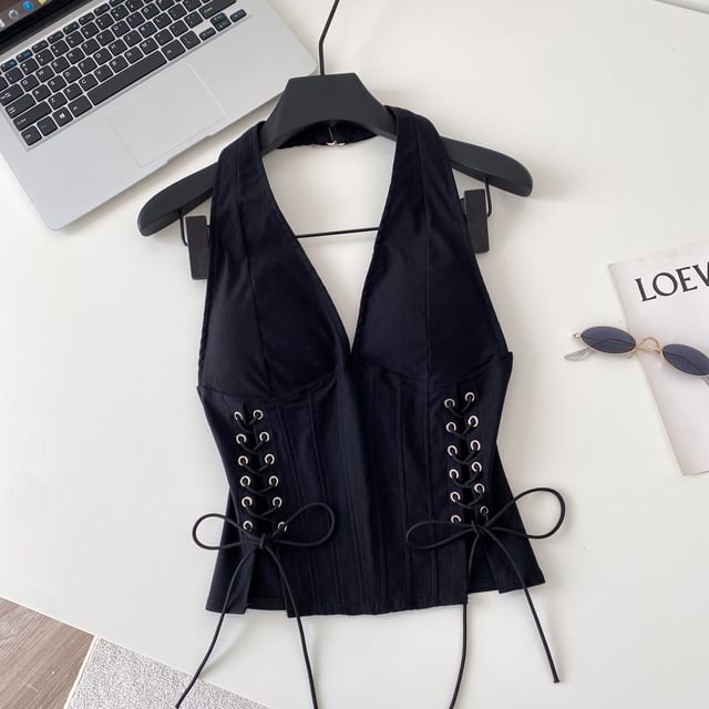 Halter V-Neck Lace-Up Camisole Top