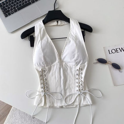 Halter V-Neck Lace-Up Camisole Top