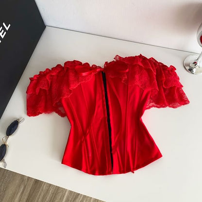 Short-Sleeve Off-Shoulder Lace Bustier Top