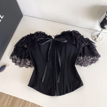 Short-Sleeve Off-Shoulder Lace Bustier Top
