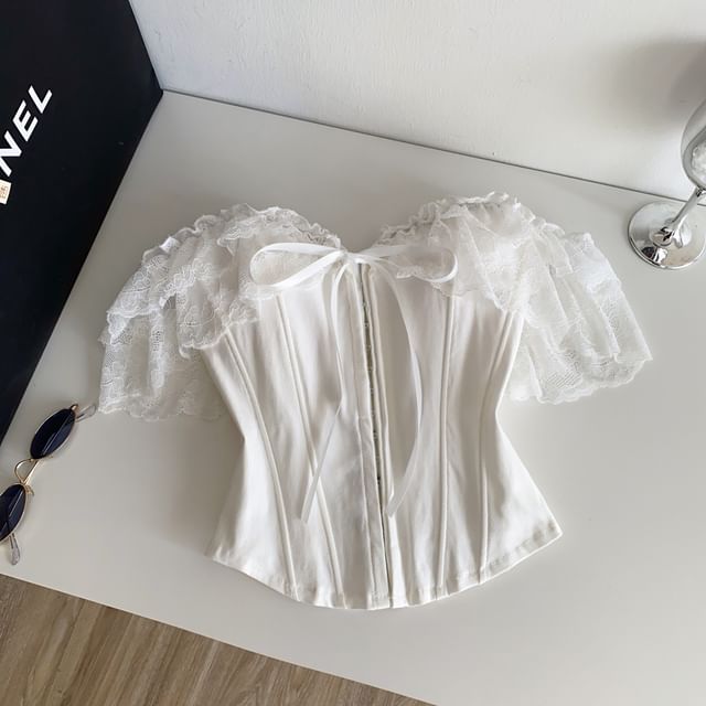 Short-Sleeve Off-Shoulder Lace Bustier Top