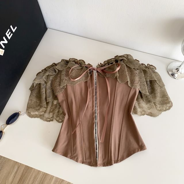Short-Sleeve Off-Shoulder Lace Bustier Top