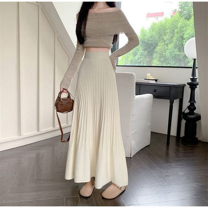 Accordion Pleated Midi Knit Skirt with High Waist