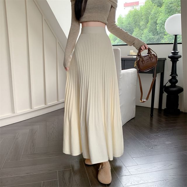Accordion Pleated Midi Knit Skirt with High Waist