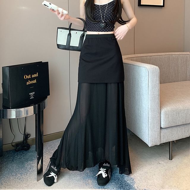 Mesh Panel Mermaid Midi Skirt with High Waist