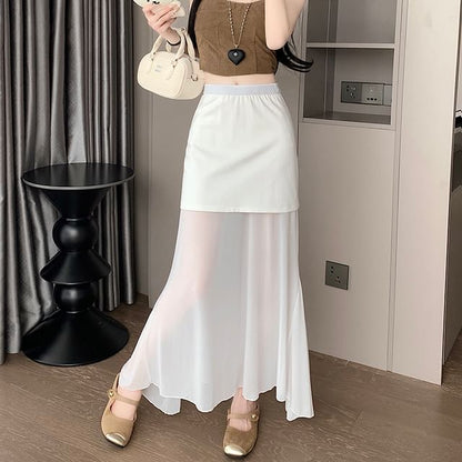 Mesh Panel Mermaid Midi Skirt with High Waist
