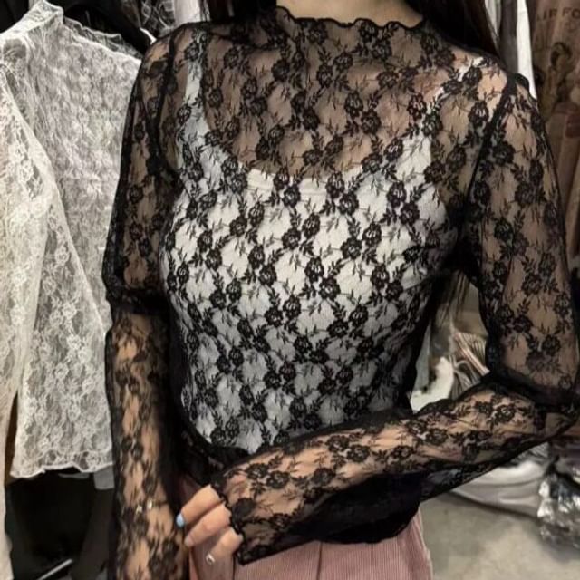 Mock Neck Long-Sleeve Lace Top