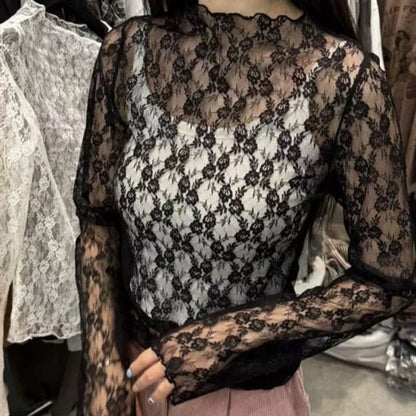 Mock Neck Long-Sleeve Lace Top
