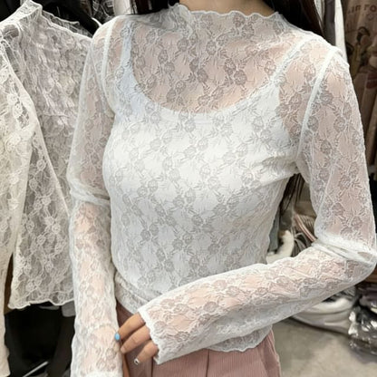 Mock Neck Long-Sleeve Lace Top