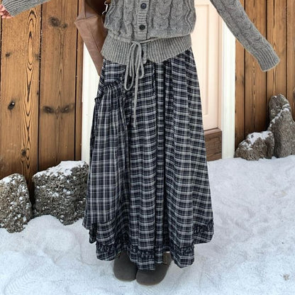 Plaid Ruffled Midi Skirt with Cable Knit Cardigan Set