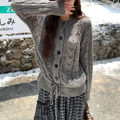 Plaid Ruffled Midi Skirt with Cable Knit Cardigan Set