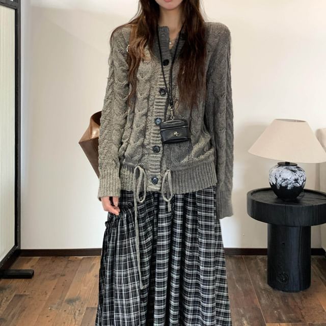Plaid Ruffled Midi Skirt with Cable Knit Cardigan Set