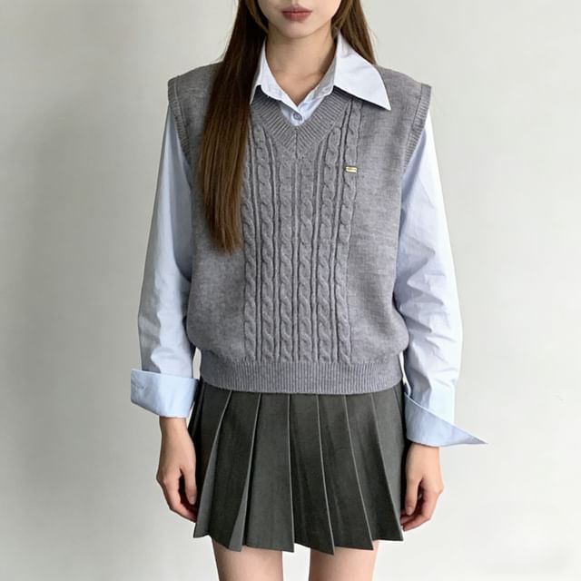 V-Neck Knit Vest and Button-Up Shirt with Pleated Mini Skirt Set