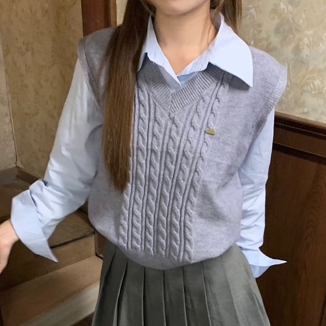 V-Neck Knit Vest and Button-Up Shirt with Pleated Mini Skirt Set