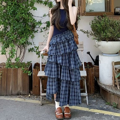 Plaid Layered Midi A-Line Skirt with High Waist