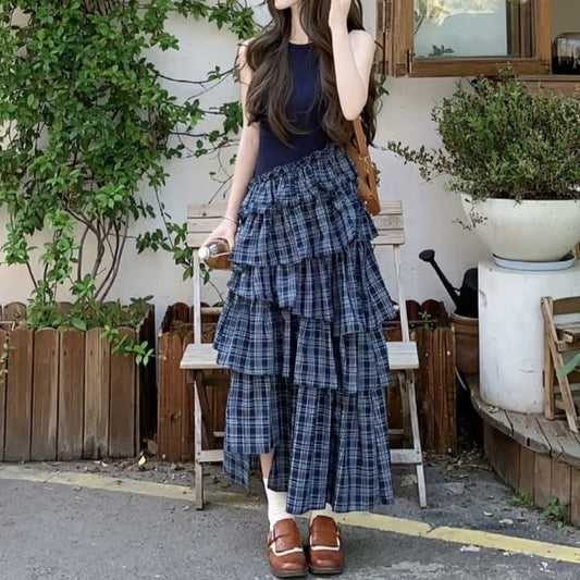 Plaid Layered Midi A-Line Skirt with High Waist