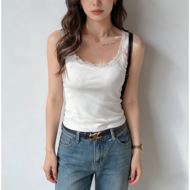 Scoop Neck Lace-Trim Slim Tank Top
