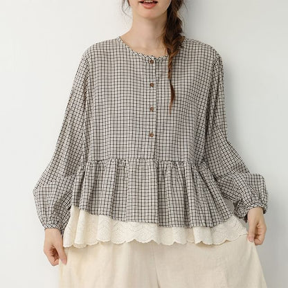 Plaid Lace Panel Button-Front Blouse