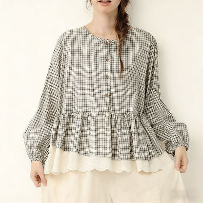 Plaid Lace Panel Button-Front Blouse