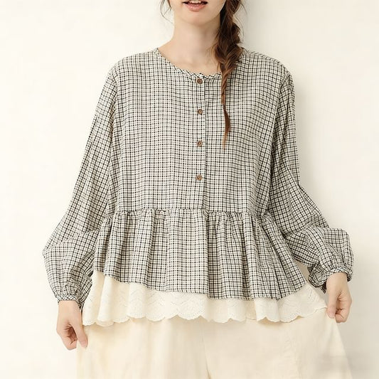 Plaid Lace Panel Button-Front Blouse