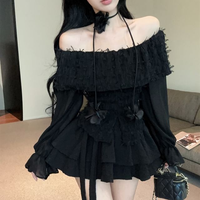 Long Sleeve Off Shoulder Lace Top & Mini Tiered Skirt