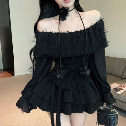Long Sleeve Off Shoulder Lace Top & Mini Tiered Skirt