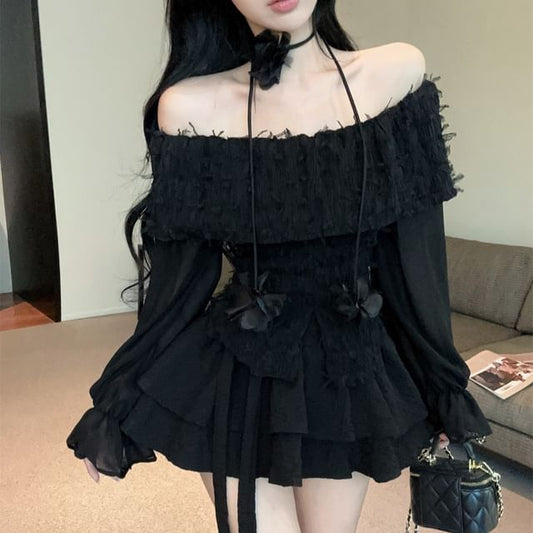 Long Sleeve Off Shoulder Lace Top & Mini Tiered Skirt