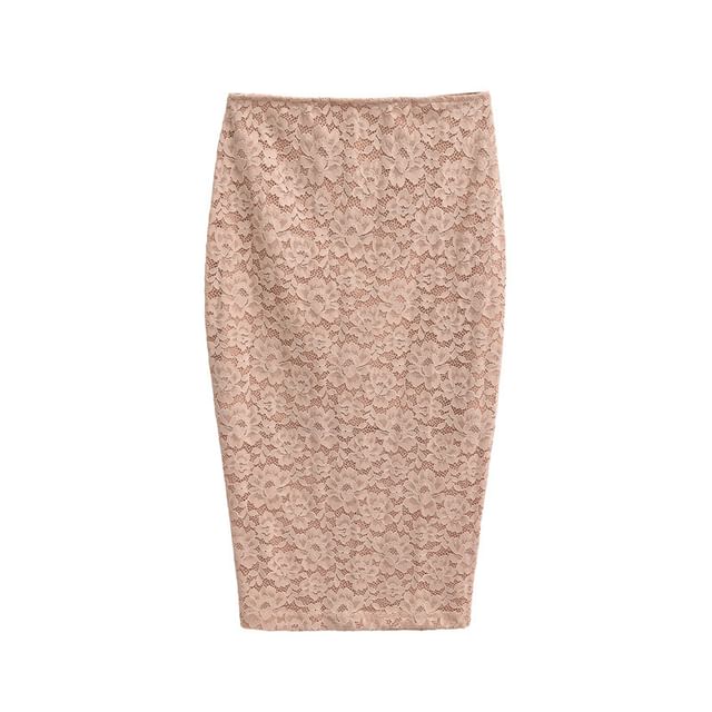 Lace Slit Midi Pencil Skirt with High Waist